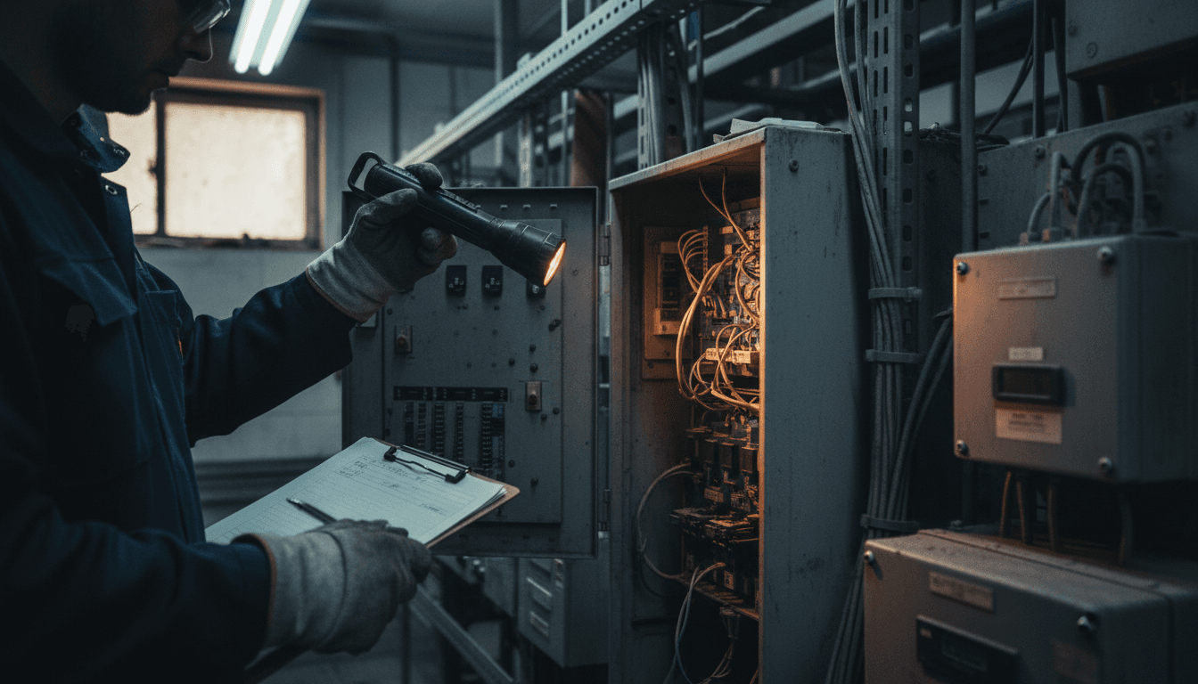Technician inspecting elevator control panel with flashlight and tool