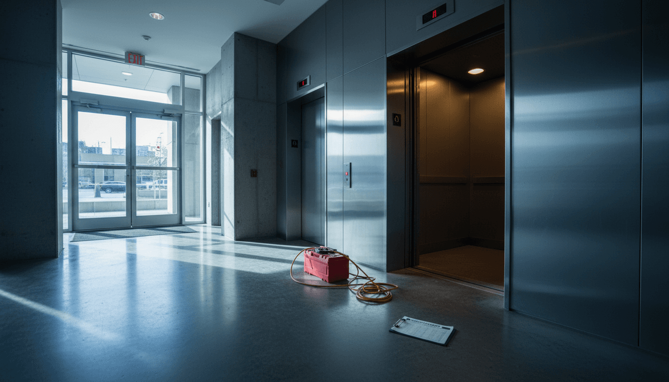 Elevator lobby with an open cab and maintenance tools on the floor