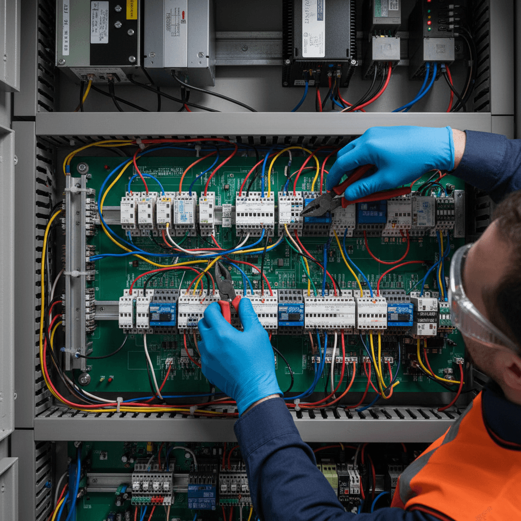 Elevator technician's hands testing a control panel with a multimeter in a machine room