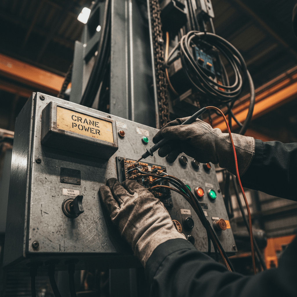 Technician's hands inspecting an open elevator control panel with a multi-meter