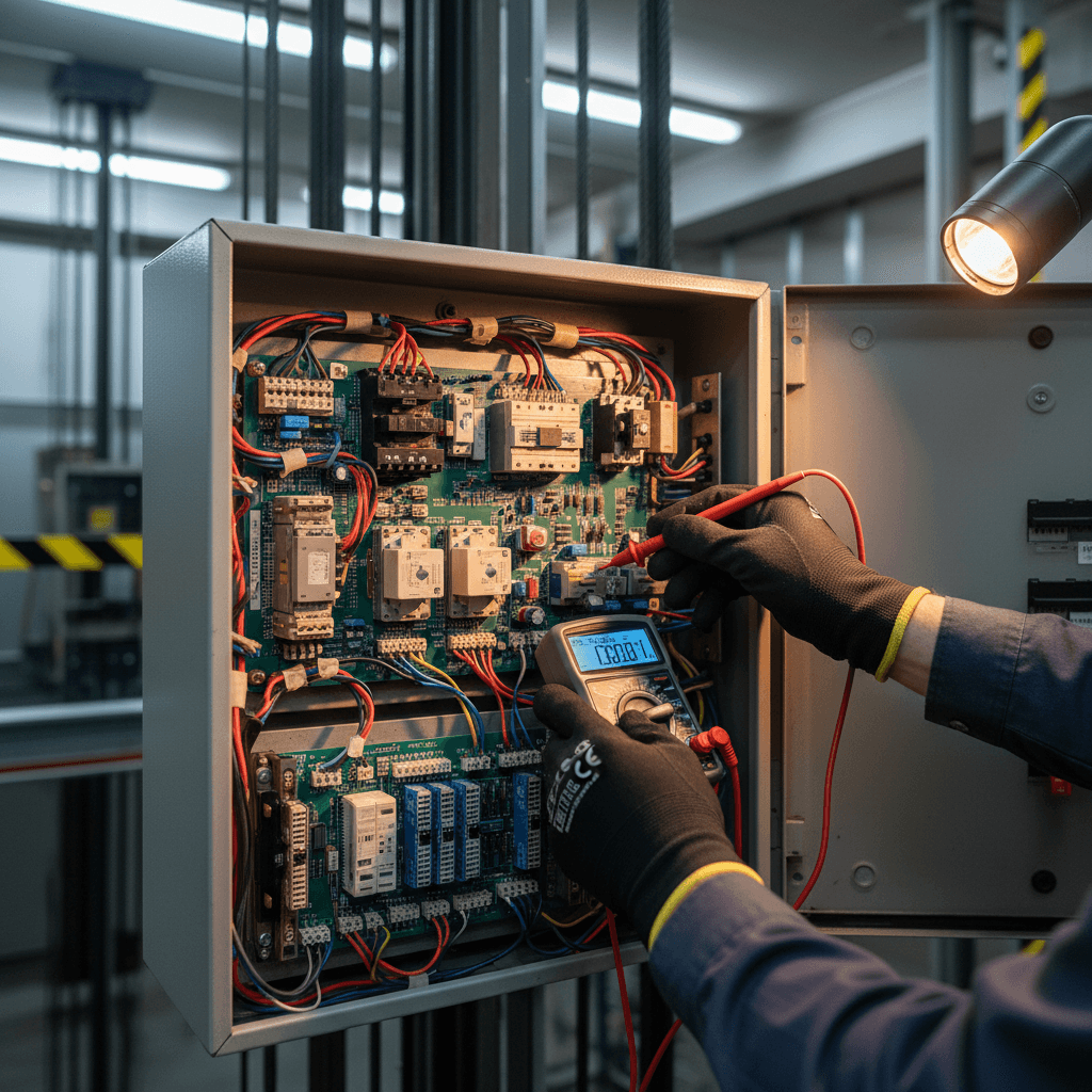 Elevator controller panel with technician hand adjusting components